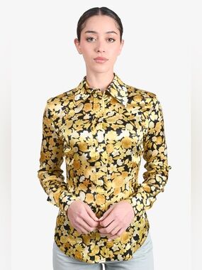 Ganni Black and Yellow Floral Button Down Shirt